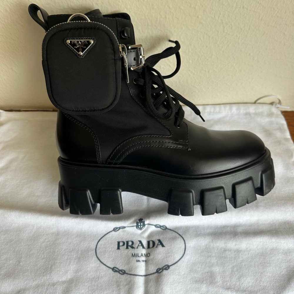 PRADA Monolith Leather and Re-Nylon Combat Boots with Pouch